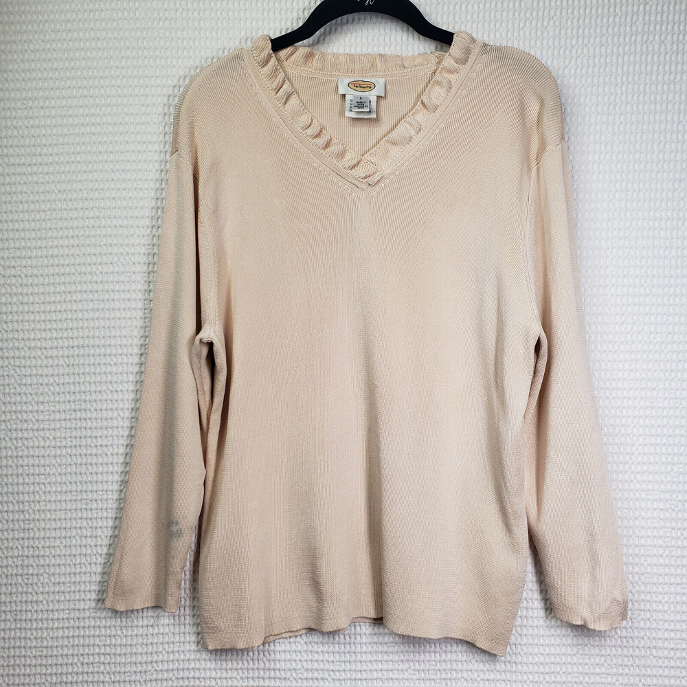 Vintage Talbots 100% Silk Sweater Womens Large Cream Ruffle V-Neck Knit Coquette